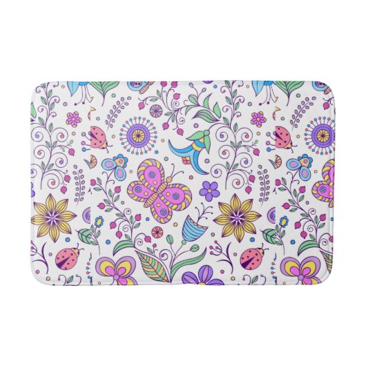 蝶カラフルと花かわいい バスマット (正面)