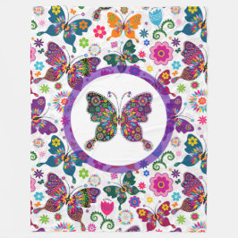 蝶カラフルと花のパターン フリースブランケット