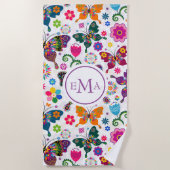 蝶カラフルと花の模様 ビーチタオル (正面)