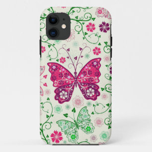 蝶カラフルと花の模様 iPhone 11 ケース