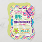 蝶カラフルと花、格子状の誕生日パーティー 招待状 (正面/裏面)