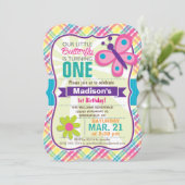 蝶カラフルと花、格子状の誕生日パーティー 招待状 (スタンド正面)