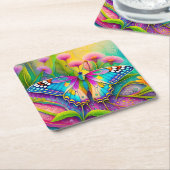 蝶カラフルと野サイケデリック花 スクエアペーパーコースター (アングル)
