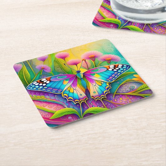 蝶カラフルと野サイケデリック花 スクエアペーパーコースター (アングル)