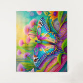 蝶カラフルと野サイケデリック花 タペストリー (正面)