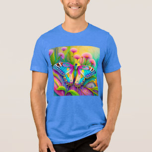 蝶カラフルと野サイケデリック花 トライブレンドTシャツ