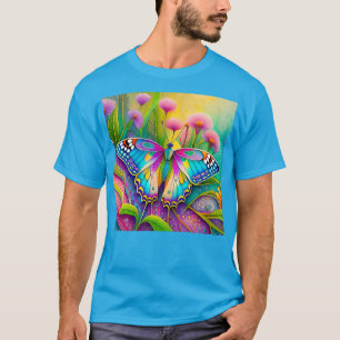 蝶カラフルと野サイケデリック花 Tシャツ