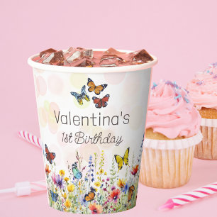 蝶カラフルと野花誕生日 紙コップ