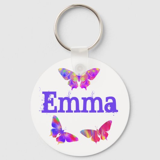 蝶カラフルのアートパターンエマ名前を追加 キーホルダー (正面)