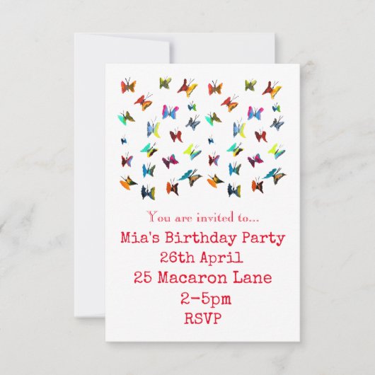 蝶カラフルの女の子の誕生日 招待状 (正面)
