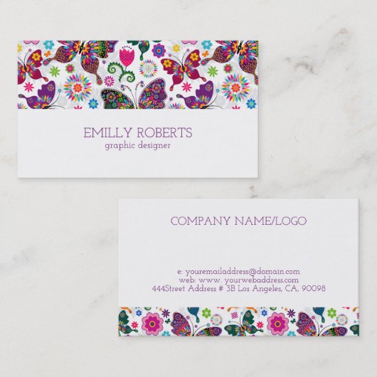 蝶カラフルの花模様 名刺 (正面/裏面)