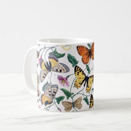 蝶カラフルピンクの花と緑の離れ コーヒーマグカップ (正面左)