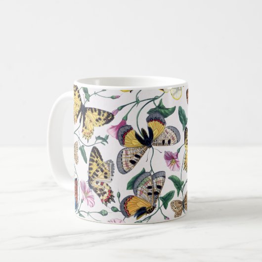 蝶カラフルピンクの花と緑の離れ コーヒーマグカップ (正面左)