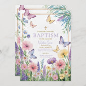 蝶カラフル女の子バプテスマ金ゴールドクロス花 招待状 (正面/裏面)