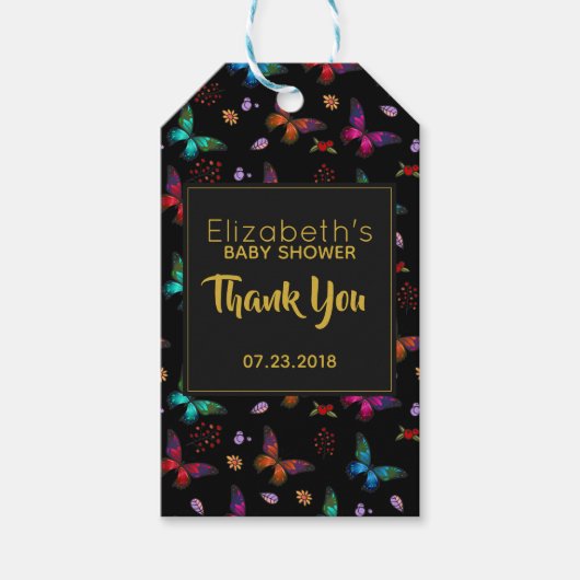蝶カラフル模様on黒ありがとう ギフトタグ (正面)