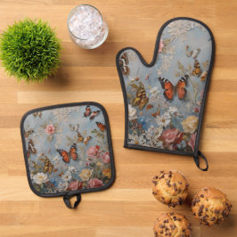 蝶カラフル水色 鍋つかみ&鍋敷きセット