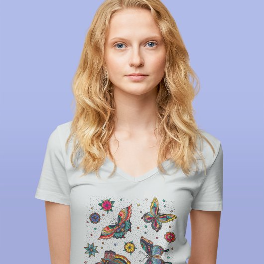 蝶カラフル花サマータイムVネック Tシャツ