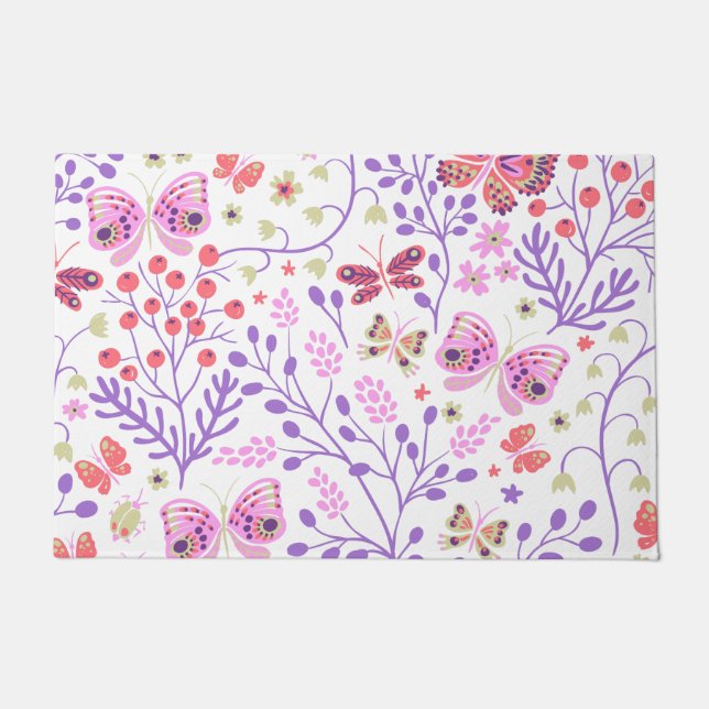 蝶カラフル花バラ ドアマット (正面)