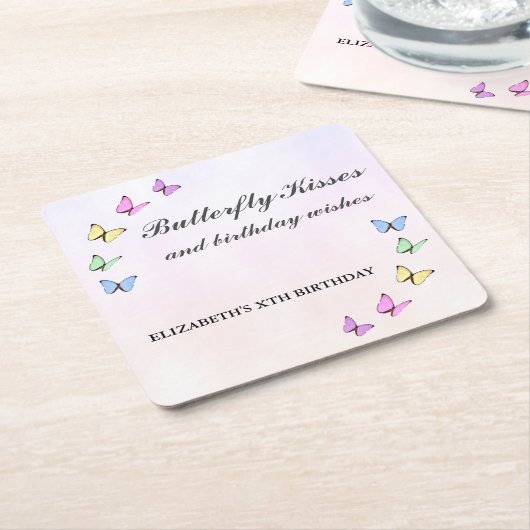 蝶カラフル誕生日 スクエアペーパーコースター (アングル)