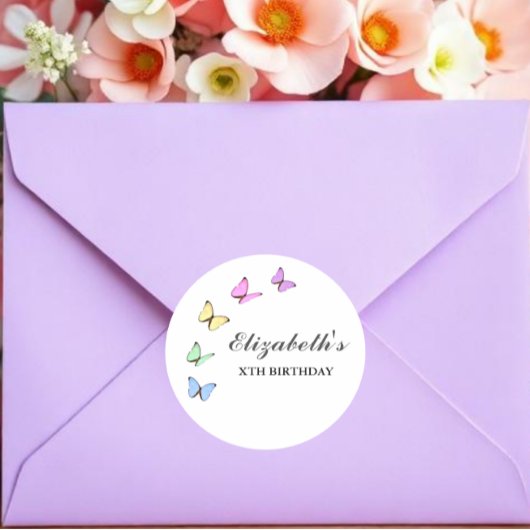 蝶カラフル誕生日 ラウンドシール