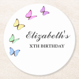 蝶カラフル誕生日 ラウンドペーパーコースター