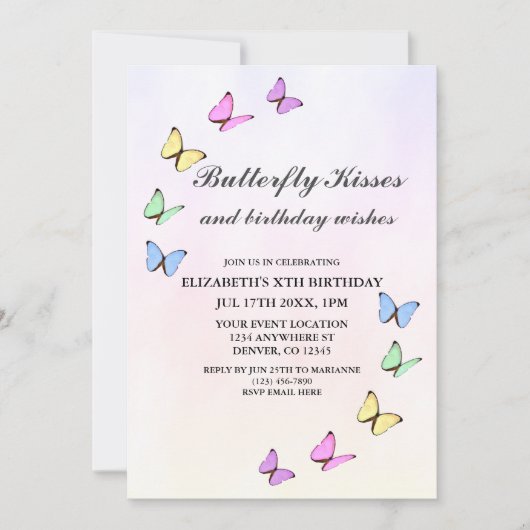 蝶カラフル誕生日 招待状 (正面)