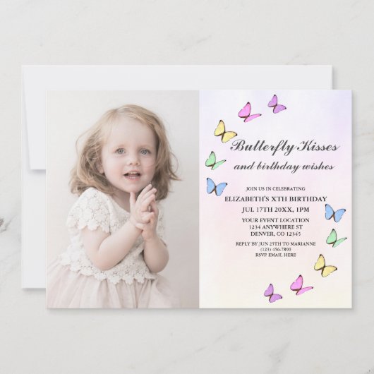 蝶カラフル誕生日 招待状 (正面)