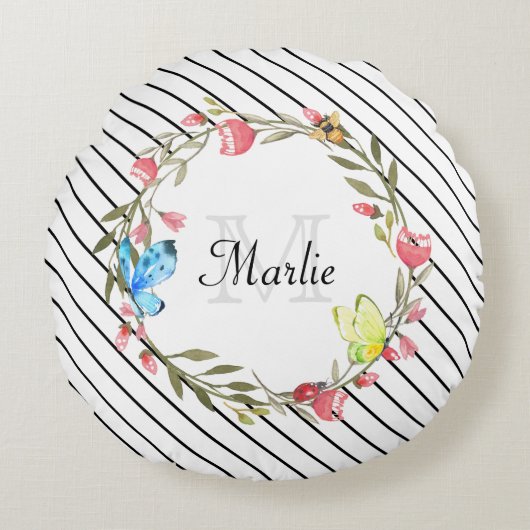 蝶ガーリーフローラ薄い黒ストライプい文字と名前 ラウンドクッション (正面)