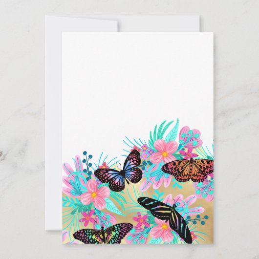 蝶ガーリー花離れ水色誕生日 招待状 (裏面)