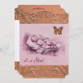 蝶ガール赤ちゃんシャワー付き睡眠児 招待状 (正面/裏面)