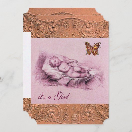 蝶ガール赤ちゃんシャワー付き睡眠児 招待状 (正面/裏面)