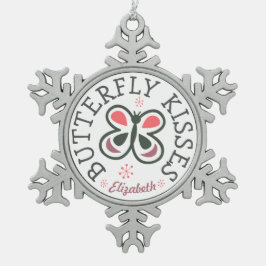 蝶キスのモダンなピンク及び紫色の子供のデザイン スノーフレークピューターオーナメント