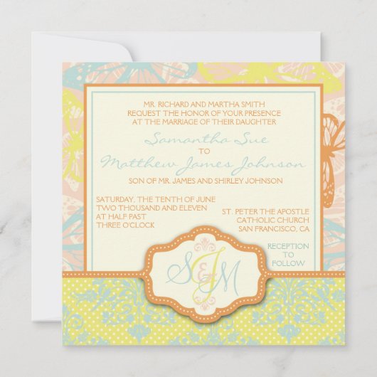 蝶キスの甘い結婚式の招待の正方形 招待状 (裏面)