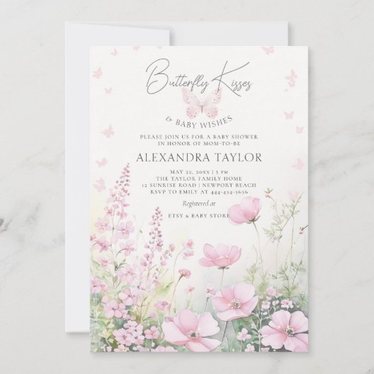 蝶キスピンク野生の花ベビーガールシャワー 招待状 (正面)