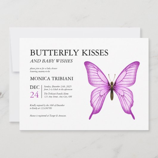 蝶キスベビーウィズ女ミニマルの子シャワー 招待状 (正面)