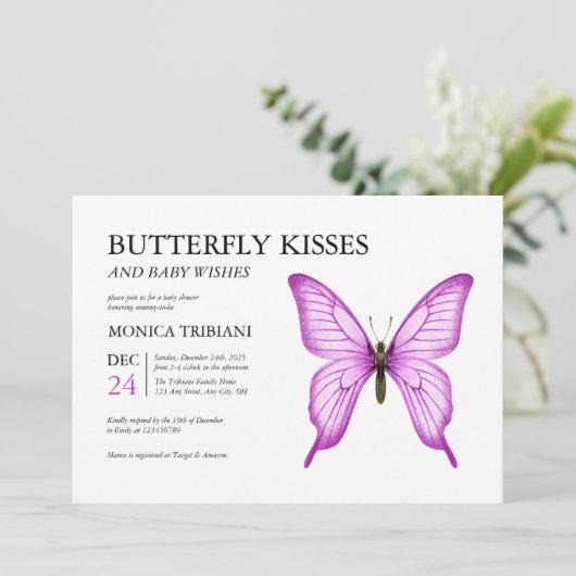 蝶キスベビーウィズ女ミニマルの子シャワー 招待状 (スタンド正面)