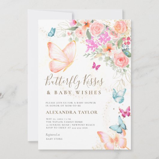 蝶キス明るいフローラベビーガールシャワー 招待状 (正面)