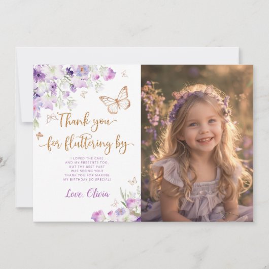 蝶キス紫の誕生日感謝してい写真 招待状 (正面)