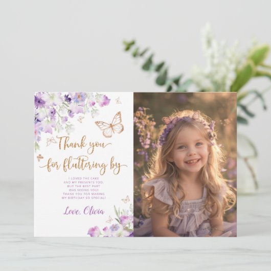 蝶キス紫の誕生日感謝してい写真 招待状 (スタンド正面)