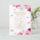 蝶キス赤ちゃんシャワーフローラピンク 招待状 (スタンド正面)