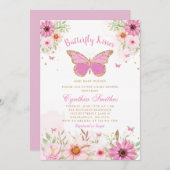 蝶キス金ゴールドピンクフローラガールベビーシャワー 招待状 (正面/裏面)