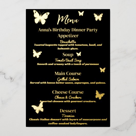 蝶クールをテーマにした誕生日ディナーパーティーメニュー 箔シーズンカード (正面)