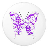 蝶コラージュの紫色のダマスク織 セラミックノブ (正面)