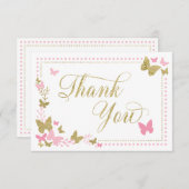 蝶サンキューカード、ピンク、フェイク金ゴールド サンキューカード (正面/裏面)