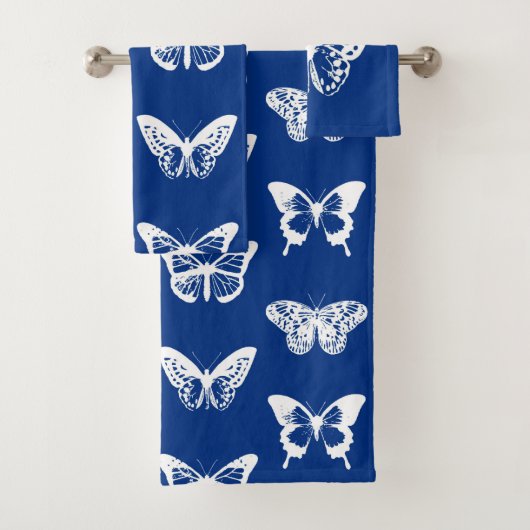 蝶スケッチ、コバルトブルーおよび白 バスタオルセット (インサイチュ)