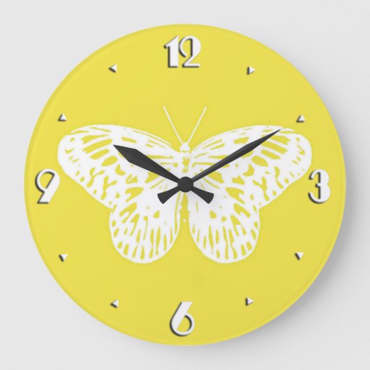 蝶スケッチ、マスタードの金ゴールドおよび白 ラージ壁時計 (正面)