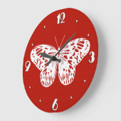 蝶スケッチ、深紅および白い ラージ壁時計 (傾斜)