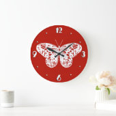 蝶スケッチ、深紅および白い ラージ壁時計 (ホーム)