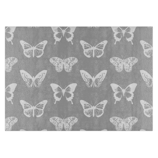 蝶スケッチ、銀製灰色および白 カッティングボード (正面)