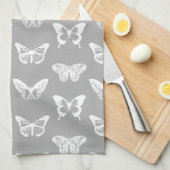 蝶スケッチ、銀製灰色および白 キッチンタオル (四つ折り)